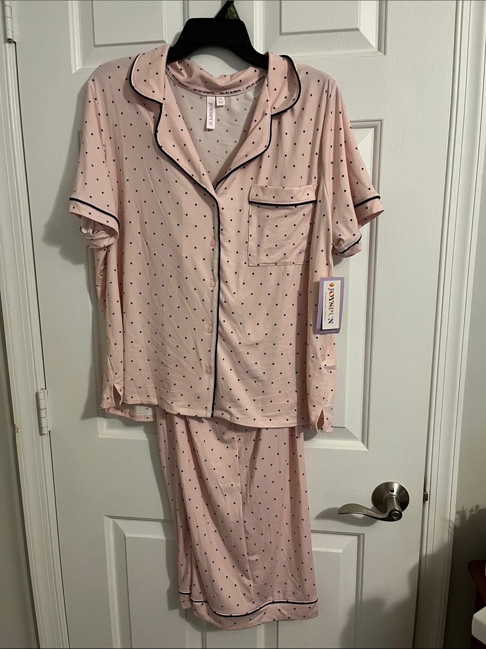 Women’s Pink Polka Dot Short Sleeve Pajama Set with Contrast Trim NWT XL